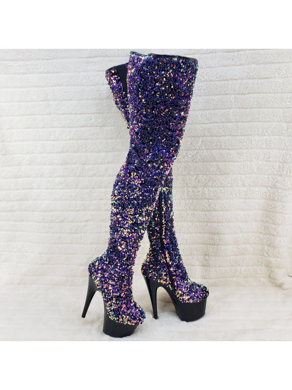 NIB Adore 3020 Purple Multi Sequin High Heel Platform Thigh High Boots - Picture 4 of 14